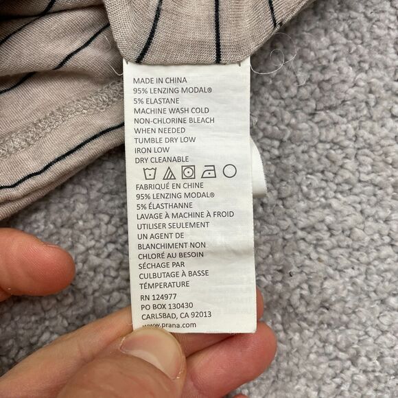 Prana Ruched Bodycon Midi Dress Womens Medium Beige Stripe V-Neck Stretch Casual - Picture 4 of 13